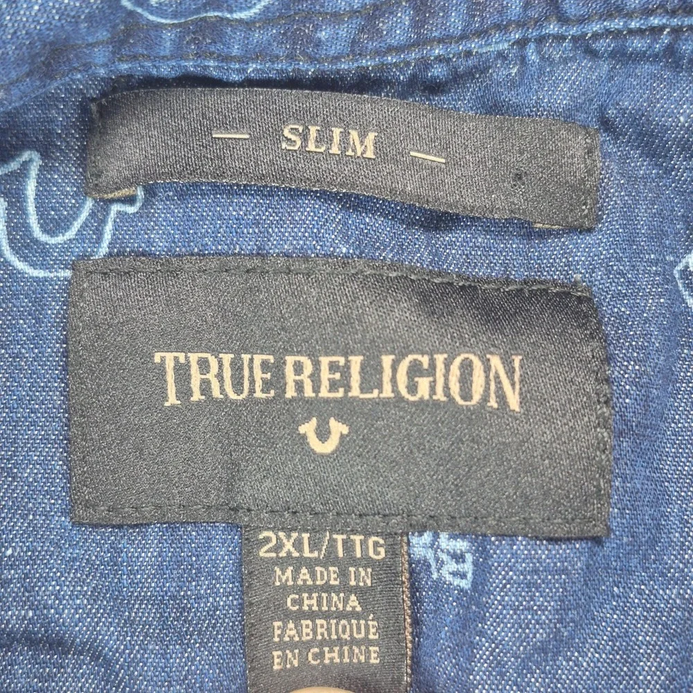 True Religion Button Up Shirt Mens 2XL Blue Cotton Silk Linen Blend Mono Print